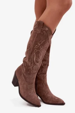 Online Boto Kozaki Kowbojki Damskie Na Słupku Z Eko Zamszu Khaki Coretta Beżowy