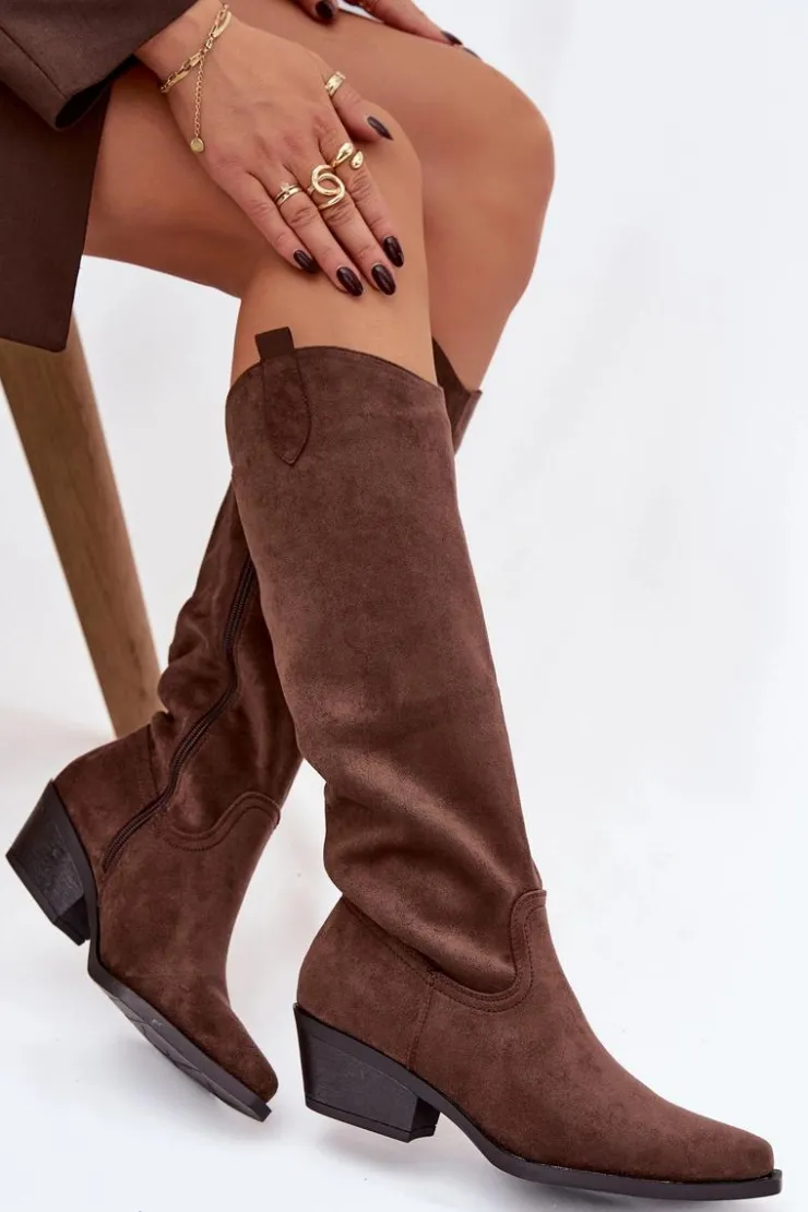 Damskie Boto Kozaki Kowbojki Damskie Na Obcasie Z Eko Zamszu Brązowe Esmira