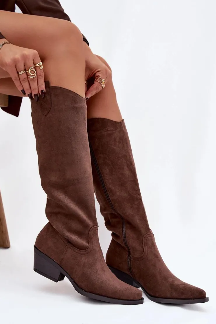 Damskie Boto Kozaki Kowbojki Damskie Na Obcasie Z Eko Zamszu Brązowe Esmira