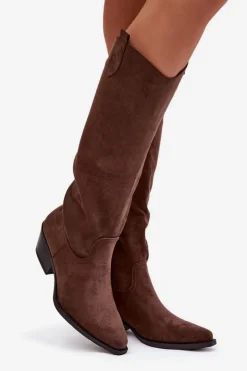 Damskie Boto Kozaki Kowbojki Damskie Na Obcasie Z Eko Zamszu Brązowe Esmira