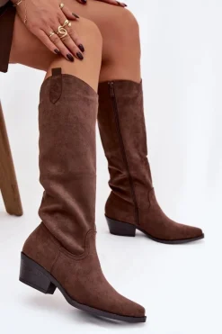 Damskie Boto Kozaki Kowbojki Damskie Na Obcasie Z Eko Zamszu Brązowe Esmira