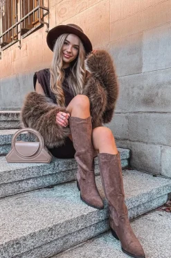 Damskie Boto Kozaki Kowbojki Damskie Na Obcasie Z Eko Zamszu Brązowe Esmira