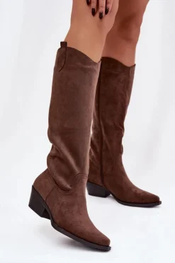 Damskie Boto Kozaki Kowbojki Damskie Na Obcasie Z Eko Zamszu Brązowe Esmira