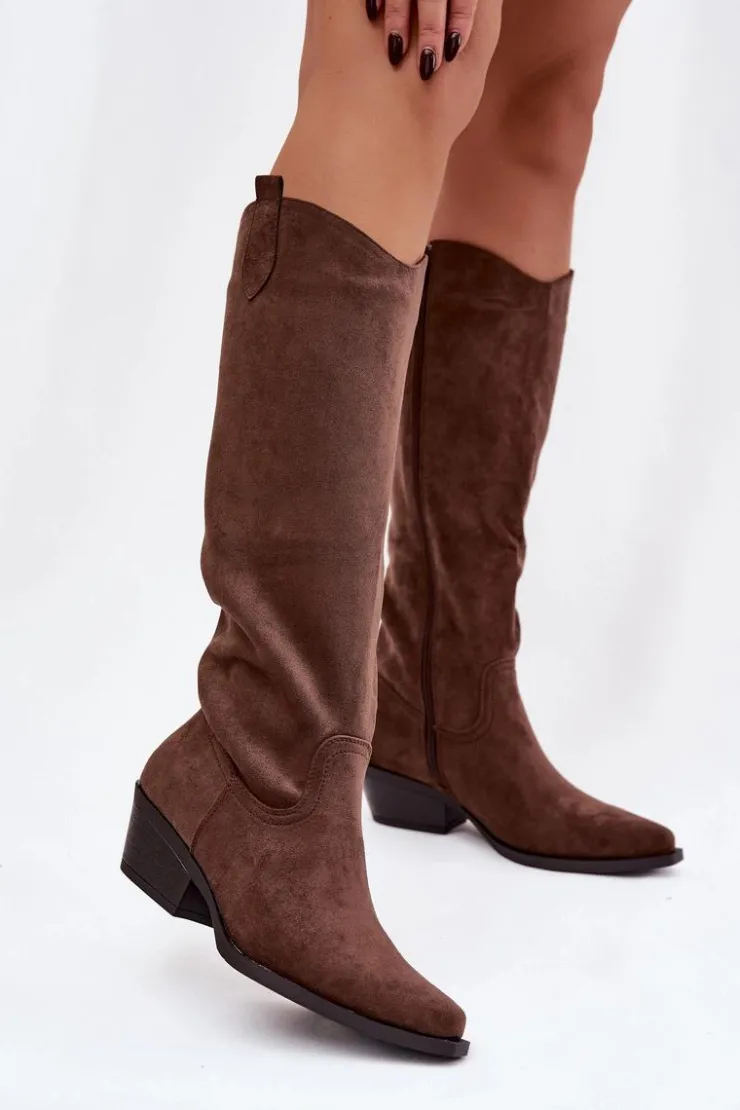 Damskie Boto Kozaki Kowbojki Damskie Na Obcasie Z Eko Zamszu Brązowe Esmira