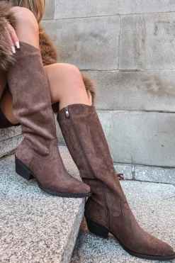 Damskie Boto Kozaki Kowbojki Damskie Na Obcasie Z Eko Zamszu Brązowe Esmira