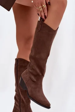 Damskie Boto Kozaki Kowbojki Damskie Na Obcasie Z Eko Zamszu Brązowe Esmira