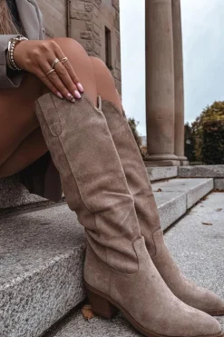 Boto Kozaki Na Słupku|Kozaki Przed Kolano*Kozaki Kowbojki Damskie Na Obcasie Z Eko Zamszu Beżowe Esmira Beżowy