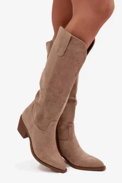Boto Kozaki Na Słupku|Kozaki Przed Kolano*Kozaki Kowbojki Damskie Na Obcasie Z Eko Zamszu Beżowe Esmira Beżowy