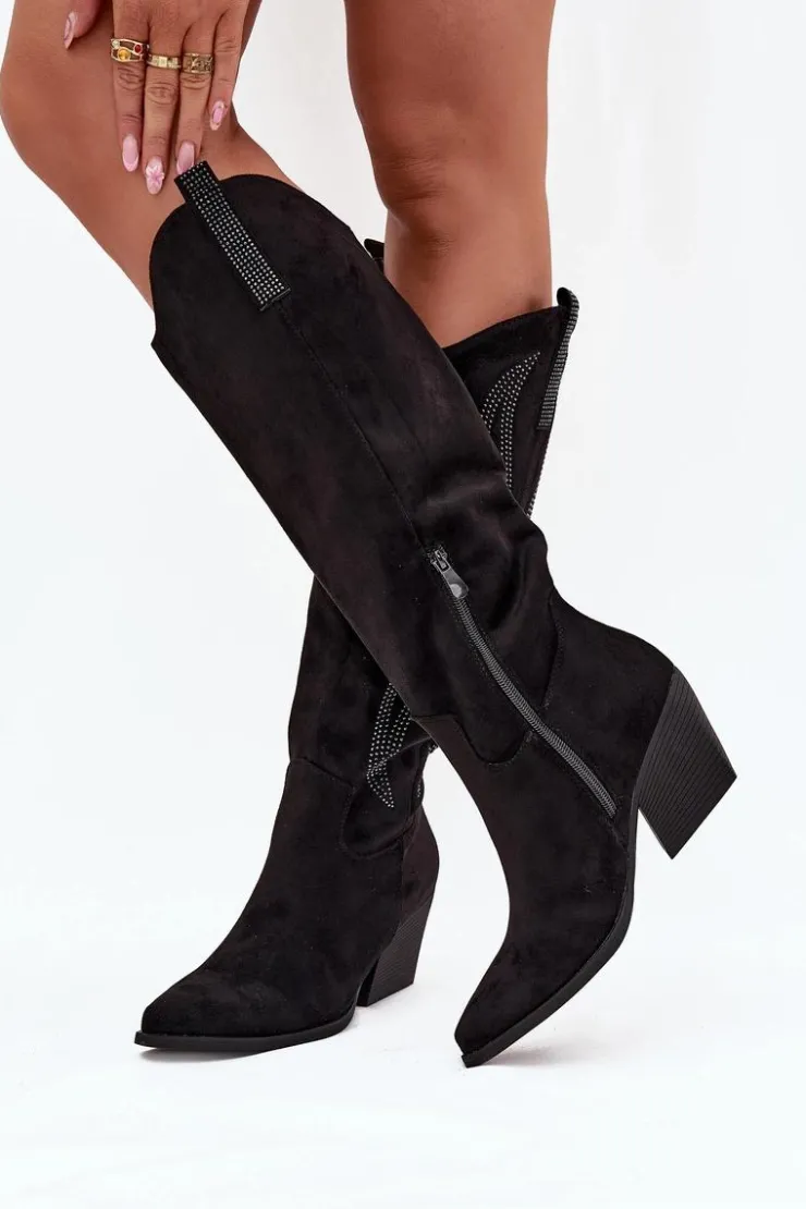 Damskie Boto Kozaki Kowbojki Damskie Ze Zdobieniem Na Słupku Czarne Jovina