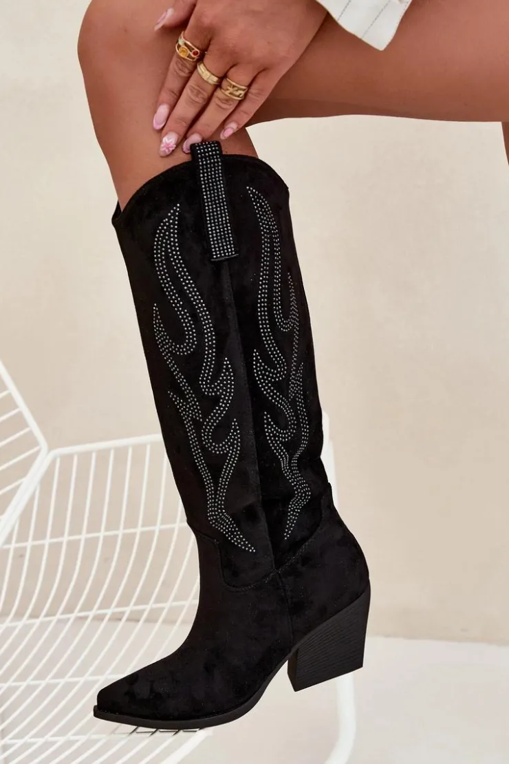 Damskie Boto Kozaki Kowbojki Damskie Ze Zdobieniem Na Słupku Czarne Jovina