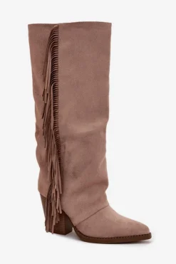 Boto Kozaki Ocieplane|Kozaki Na Słupku*Kozaki Kowbojki Damskie Z Frędzlami Na Słupku Beżowe Tivara Beżowy