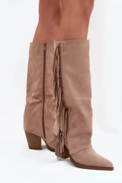 Boto Kozaki Ocieplane|Kozaki Na Słupku*Kozaki Kowbojki Damskie Z Frędzlami Na Słupku Beżowe Tivara Beżowy