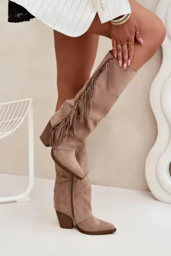 Boto Kozaki Ocieplane|Kozaki Na Słupku*Kozaki Kowbojki Damskie Z Frędzlami Na Słupku Beżowe Tivara Beżowy