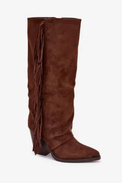 Boto Kozaki Kowbojki Damskie Z Frędzlami Na Słupku Brązowe Tivara