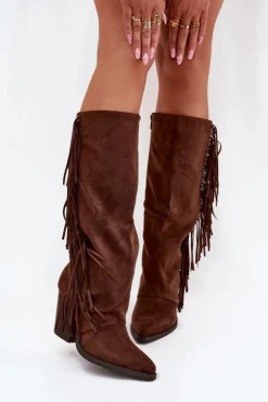 Boto Kozaki Kowbojki Damskie Z Frędzlami Na Słupku Brązowe Tivara
