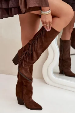 Boto Kozaki Kowbojki Damskie Z Frędzlami Na Słupku Brązowe Tivara