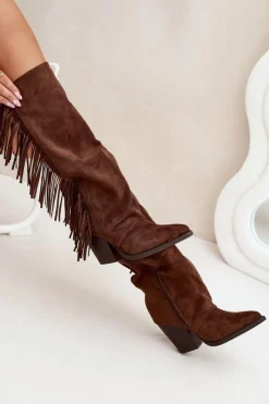 Boto Kozaki Kowbojki Damskie Z Frędzlami Na Słupku Brązowe Tivara