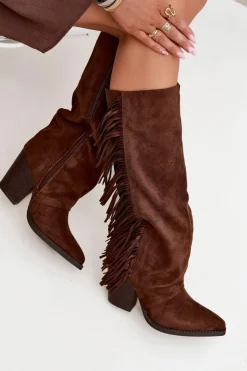 Boto Kozaki Kowbojki Damskie Z Frędzlami Na Słupku Brązowe Tivara
