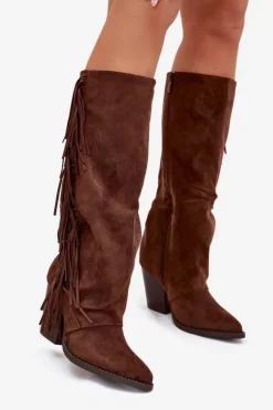 Boto Kozaki Kowbojki Damskie Z Frędzlami Na Słupku Brązowe Tivara