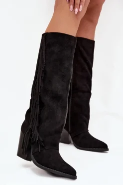Damskie Boto Kozaki Kowbojki Damskie Z Frędzlami Na Słupku Czarne Tivara
