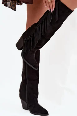 Damskie Boto Kozaki Kowbojki Damskie Z Frędzlami Na Słupku Czarne Tivara