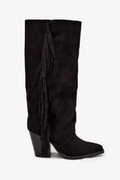 Damskie Boto Kozaki Kowbojki Damskie Z Frędzlami Na Słupku Czarne Tivara