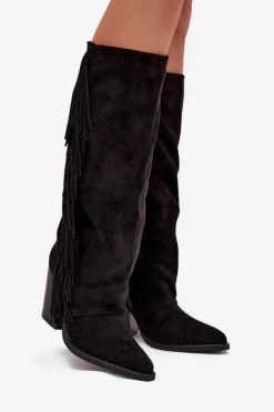 Damskie Boto Kozaki Kowbojki Damskie Z Frędzlami Na Słupku Czarne Tivara