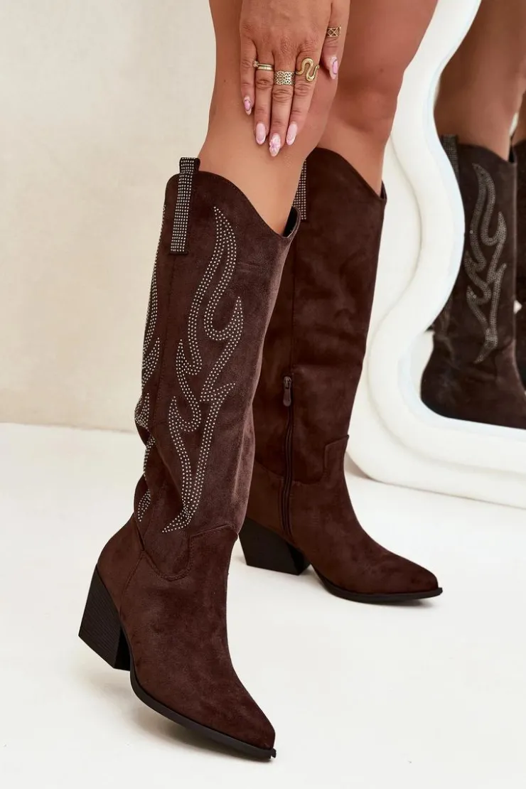 Online Boto Kozaki Kowbojki Damskie Ze Zdobieniem Na Słupku Czekoladowe Jovina Brązowy