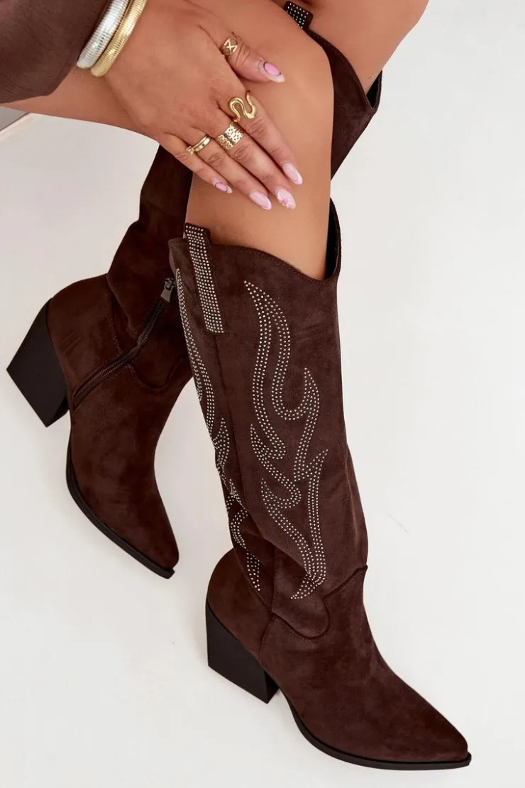 Online Boto Kozaki Kowbojki Damskie Ze Zdobieniem Na Słupku Czekoladowe Jovina Brązowy