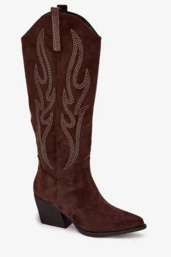 Online Boto Kozaki Kowbojki Damskie Ze Zdobieniem Na Słupku Czekoladowe Jovina Brązowy
