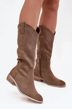 Discount Boto Kozaki Kowbojki Na Niskim Obcasie Z Eko Zamszu Ciemnobeżowe Cherrie Beżowy