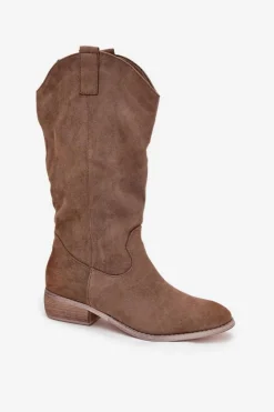 Discount Boto Kozaki Kowbojki Na Niskim Obcasie Z Eko Zamszu Ciemnobeżowe Cherrie Beżowy