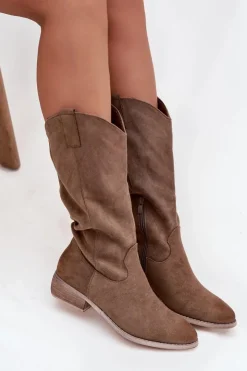 Discount Boto Kozaki Kowbojki Na Niskim Obcasie Z Eko Zamszu Ciemnobeżowe Cherrie Beżowy