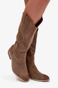 Discount Boto Kozaki Kowbojki Na Niskim Obcasie Z Eko Zamszu Ciemnobeżowe Cherrie Beżowy