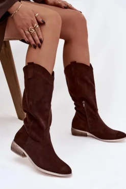 Damskie Boto Kozaki Kowbojki Na Niskim Obcasie Z Eko Zamszu Czekoladowe Cherrie