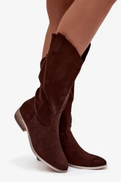 Damskie Boto Kozaki Kowbojki Na Niskim Obcasie Z Eko Zamszu Czekoladowe Cherrie