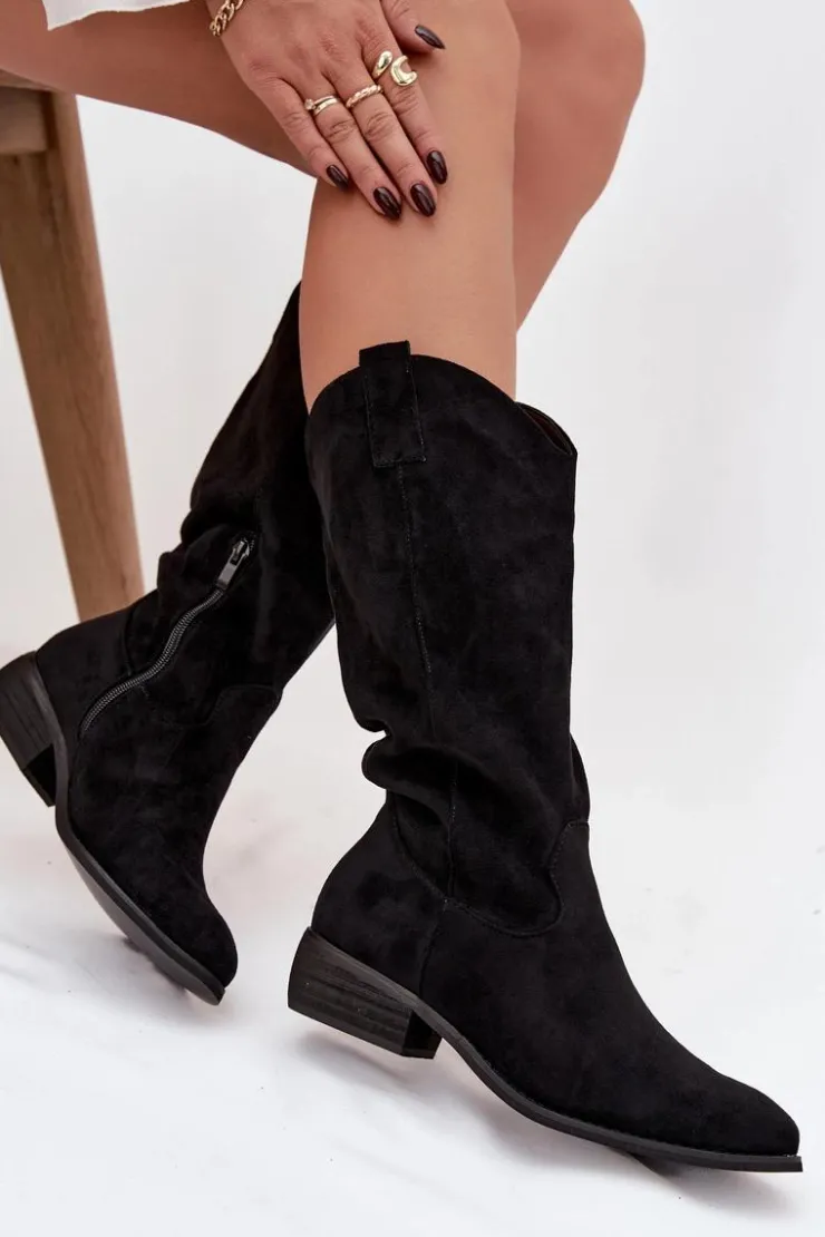 Boto Kozaki Przed Kolano|Kozaki Na Obcasie*Kozaki Kowbojki Na Niskim Obcasie Z Eko Zamszu Czarne Cherrie Czarny