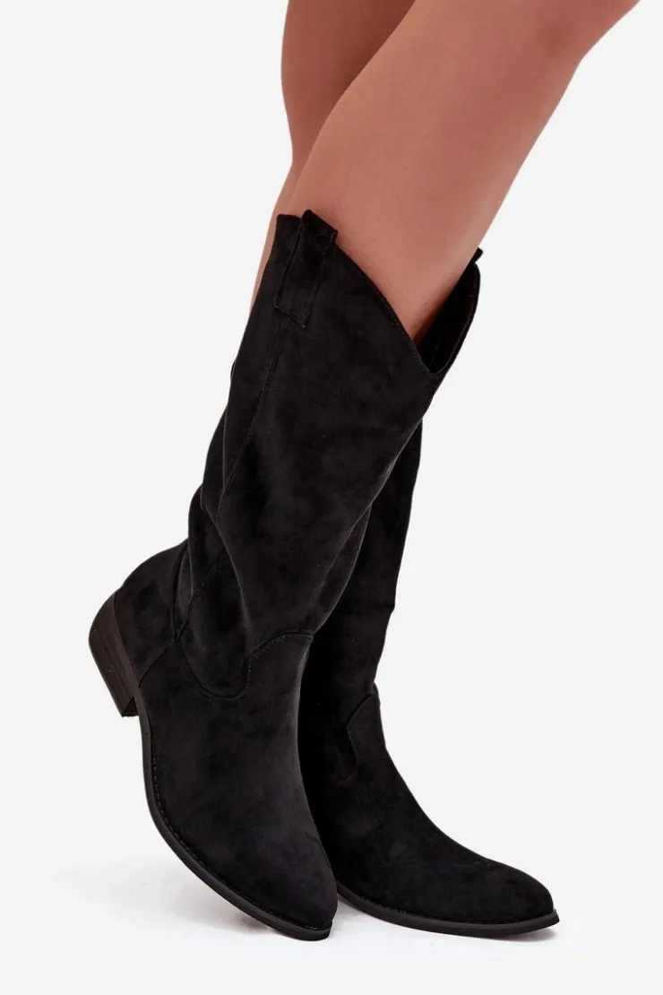 Boto Kozaki Przed Kolano|Kozaki Na Obcasie*Kozaki Kowbojki Na Niskim Obcasie Z Eko Zamszu Czarne Cherrie Czarny