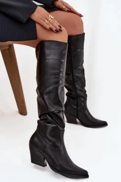 Boto Kozaki Ocieplane|Kozaki Na Słupku*Kozaki Kowbojki Na Obcasie Z Marszczeniem Ocieplane Czarne Rosvian