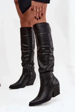 Boto Kozaki Ocieplane|Kozaki Na Słupku*Kozaki Kowbojki Na Obcasie Z Marszczeniem Ocieplane Czarne Rosvian