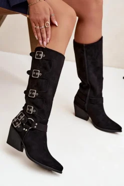 Sale Boto Kozaki Kowbojki Na Słupku Z Klamrami Czarne Fivelle Czarny