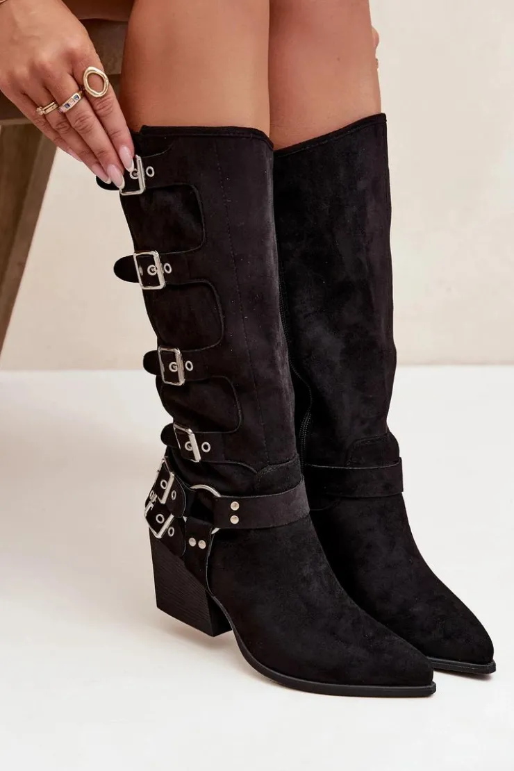Sale Boto Kozaki Kowbojki Na Słupku Z Klamrami Czarne Fivelle Czarny
