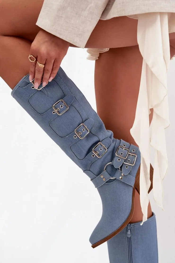 Damskie Boto Kozaki Kowbojki Na Słupku Z Klamrami Jeansowe Fivelle