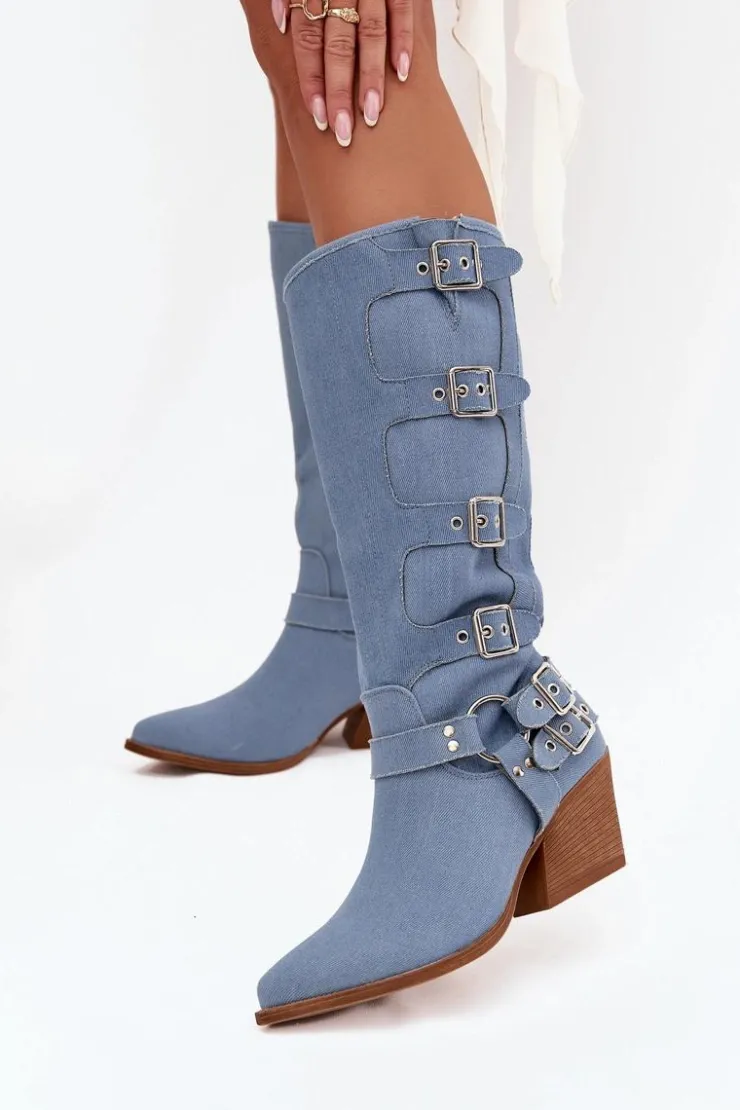 Damskie Boto Kozaki Kowbojki Na Słupku Z Klamrami Jeansowe Fivelle