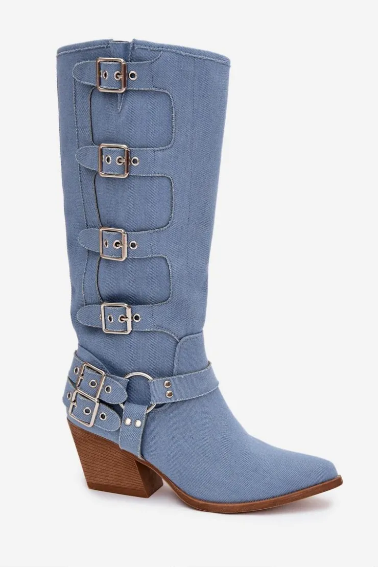Damskie Boto Kozaki Kowbojki Na Słupku Z Klamrami Jeansowe Fivelle