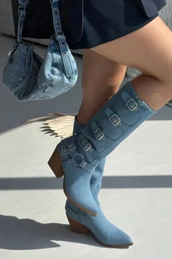 Damskie Boto Kozaki Kowbojki Na Słupku Z Klamrami Jeansowe Fivelle