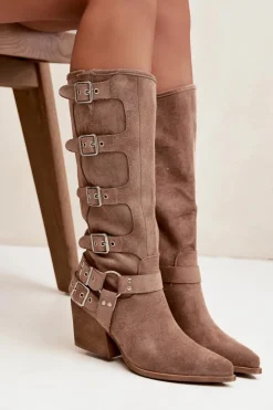 Boto Kozaki Na Słupku|Kozaki Przed Kolano*Kozaki Kowbojki Na Słupku Z Klamrami Ciemnobeżowe Fivelle Beżowy