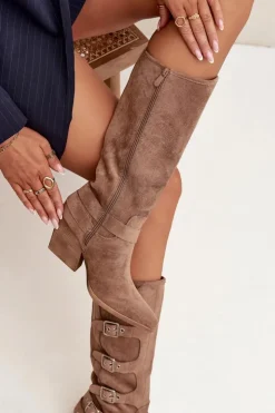 Boto Kozaki Na Słupku|Kozaki Przed Kolano*Kozaki Kowbojki Na Słupku Z Klamrami Ciemnobeżowe Fivelle Beżowy