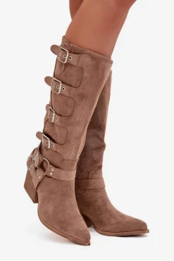 Boto Kozaki Na Słupku|Kozaki Przed Kolano*Kozaki Kowbojki Na Słupku Z Klamrami Ciemnobeżowe Fivelle Beżowy