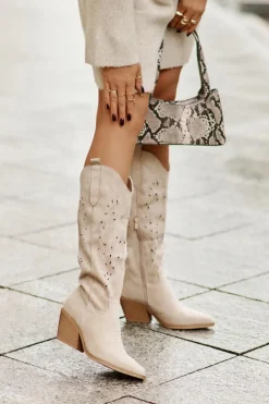 Damskie Boto Kozaki Kowbojki Na Słupku Z Ażurowym Wzorem Przed Kolano Jasnobeżowe Innathoria